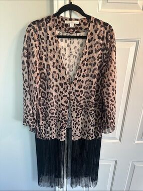 Boston Proper Cream and Black Leopard Print Fringe Hem Blouse